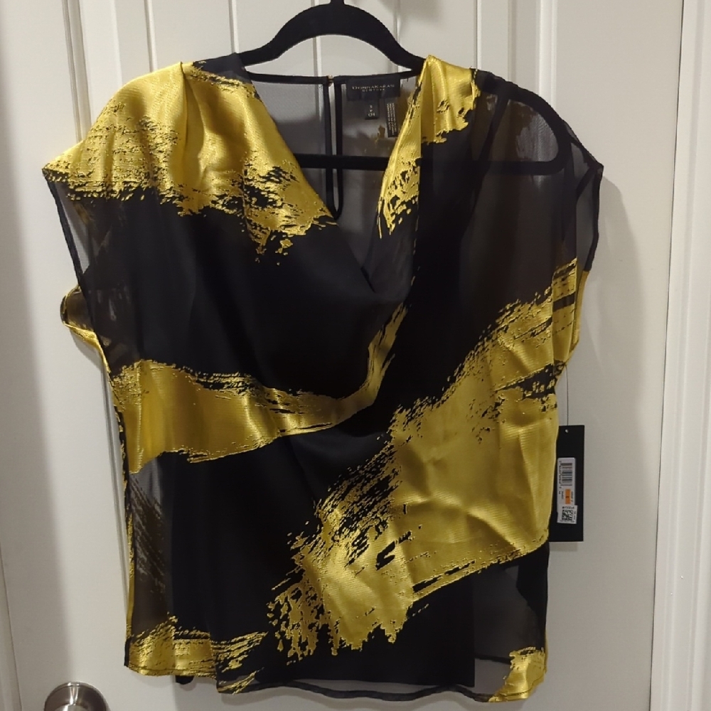NWT Donna Karan Black and Gold Brushstroke Blouse
